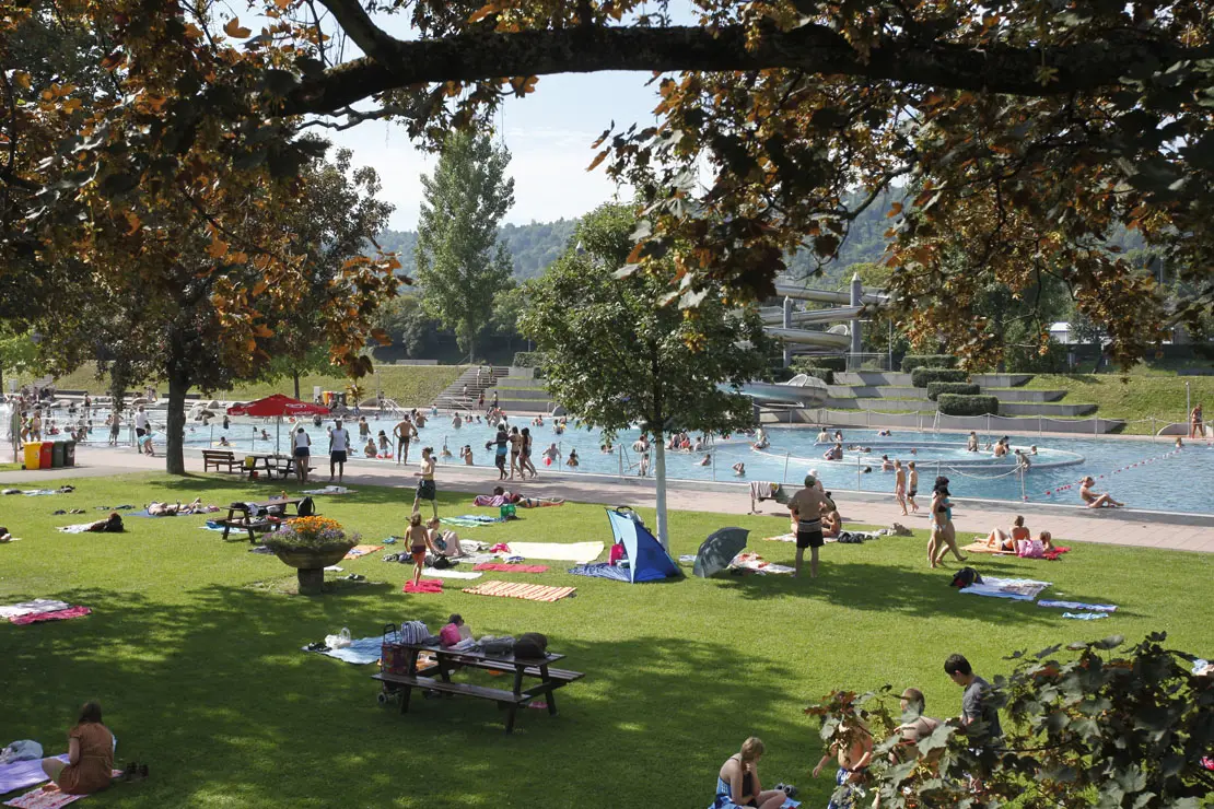 Viele Badegäste auf einer Liegewiese vor dem Becken im Inselbad Untertürkheim.